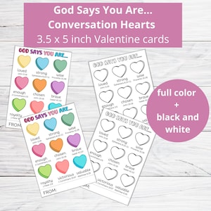 Saint-Valentin chrétienne imprimable | Cartes de versets bibliques pour la Saint-Valentin pour enfants | Coeurs de conversation Saint-Valentin | Dieu dit que vous l'êtes