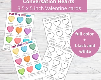 Tarjetas cristianas de San Valentín para imprimir / Tarjetas con versículos bíblicos para el día de San Valentín para niños / Tarjetas de San Valentín con corazones de conversación / Dios dice que eres