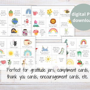 May include: A set of 36 colorful printable cards with positive affirmations and encouraging messages. The cards feature illustrations of rainbows, unicorns, cacti, and other whimsical designs. The text on the cards includes phrases like "You are stronger than you think", "You are loved more than you know", and "Your smile brightens my day".