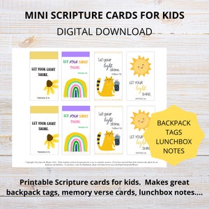 Étiquettes de sac à dos | Mini cartes bibliques pour enfants | Cartes de versets bibliques imprimables | Laisse ta lumière briller