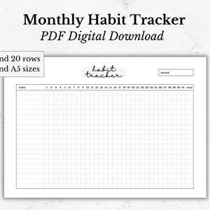 Monthly Habit Tracker Template, Printable Digital Download, Goal Planner and Tracker, PDFs with 10 Rows and 20 Rows, A4 and A5 Sizes