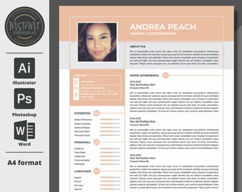 May include: A peach-colored resume template with a photo of a woman at the top. The resume is for Andrea Peach, a graphic and web designer. The resume includes sections for contact information, expertise, personal skills, language skills, and work experience.