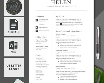 May include: A black and white CV template featuring the name Helen and the job title Senior Account Executive. The CV includes sections for contact details, education, skills, and professional experience.