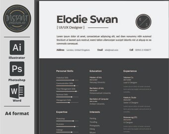 Plantilla de CV profesional / Plantilla Portofolio / Palabra de CV negra / Carta de presentación / Currículum con foto / Currículum creativo / Currículum moderno