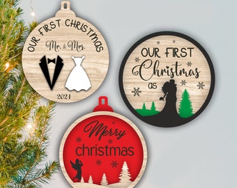 Laser geschnitten Unsere erste Weihnachten Bundle Dateien Verheiratet Ornament Mr und Mrs Glowforge Xtool Cnc DXF, SVG