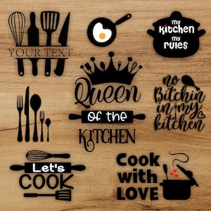May include: A set of 10 black and white kitchen-themed SVG cut files. The designs include a crown with the text "Queen of the Kitchen", a rolling pin with the text "Let's Cook", a pot with the text "Cook with Love", a frying pan with a fried egg, a set of kitchen utensils, a set of forks and spoons, and a pot with the text "My Kitchen My Rules".