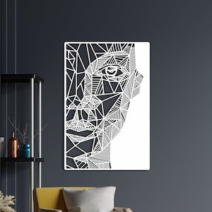 May include: A white geometric line art design of a face with one eye visible. The design is on a white background.