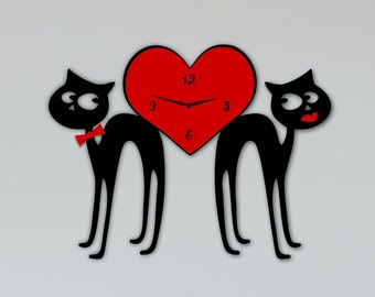 Reloj de pared con diseño de pareja de gatos cortado con láser, decoración del hogar, archivos SVG, DXF y CDR de Glowforge Xtool