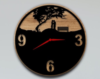 Laser Cut Wall Clock File Romantic Couple Under Tree DXF, SVG, CDR Files for Laser Cutting