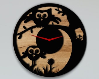 Laser Cut Cute Birds on the Tree Wall Clock File DXF, SVG, CDR Files for Laser Cutting