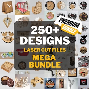May include: A collage of over 250 laser cut designs for crafting projects. The designs include clocks, animals, flowers, and more. The text "Premium Bundle" and "250+ Designs" is featured in the image.