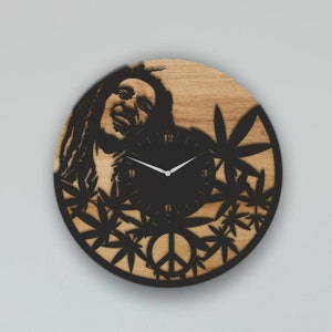 Reloj Bob Marley SVG, archivos cortados con láser, hojas de marihuana, cannabis, marihuana, CNC, Glowforge, archivo DXF