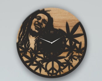 Bob Marley UhrSvg Laser Cut Dateien Unkraut Blatt Weed Blatt Cannabis Marihuana Cnc Glowforge Dxf Datei