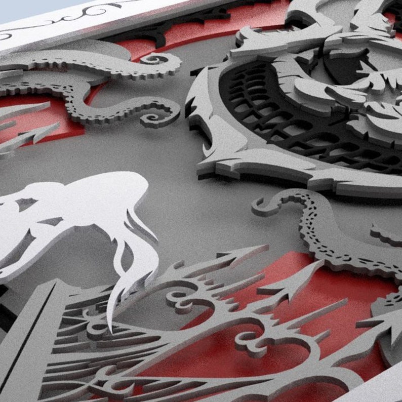 May include: A 3D papercraft design featuring a white silhouette of a mermaid with flowing hair, a black and gray octopus with tentacles, and a red and gray anchor with a detailed design.
