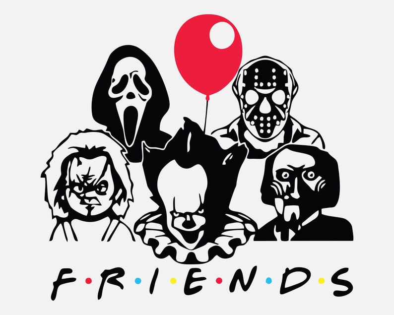May include: Black and white illustration of six horror movie characters, including Freddy Krueger, Jason Voorhees, Michael Myers, Ghostface, Chucky, and Leatherface. The characters are arranged in a row with a red balloon in the center. The text "FRIENDS" is below the characters with dots in the colors of the "Friends" logo.