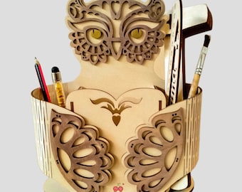 3mm Laser Cut Owl Pencil Case File Pen Holder Pencil Box Glowforge Xtool SVG DXF CDR Files