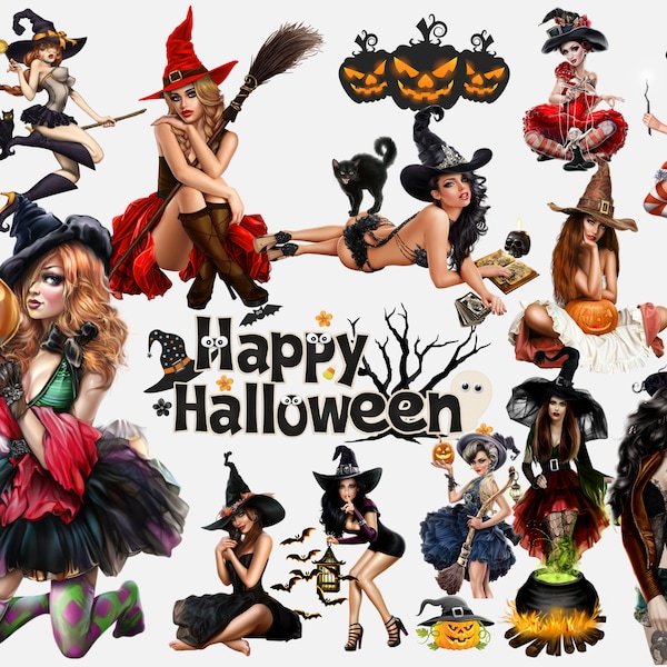 Halloween Girls Bundle PNG, Sexy Witch Sublimation, Horror Clipart, Stickers Png, Halloween Png for Sublimation, Transparent Background