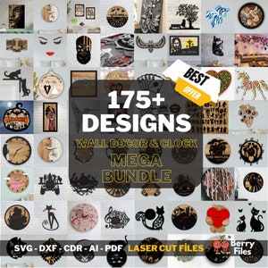 Puede incluir: Un collage de más de 175 diseños de corte por láser para decoración de pared y relojes. Los diseños incluyen una variedad de temas, como animales, música y naturaleza. El texto "MEJOR OFERTA" se muestra en un cuadro amarillo. El texto "SVG - DXF - CDR - AI - PDF ARCHIVOS DE CORTE LÁSER" se muestra en la parte inferior de la imagen. El texto "Berry Files" se muestra en un círculo rojo con un gráfico de cereza.
