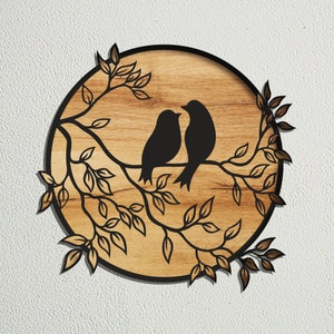 Inséparables découpés au laser sur une branche, fichiers Art déco murale Svg oiseaux, fichiers Svg Glowforge Cricut Cnc Dxf, XTool, Lightburn, pour la découpe laser du bois