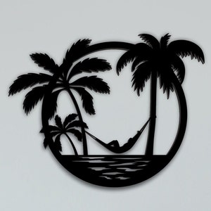 May include: Black silhouette of palm trees and a hammock in a circle. The hammock has a person relaxing in it.