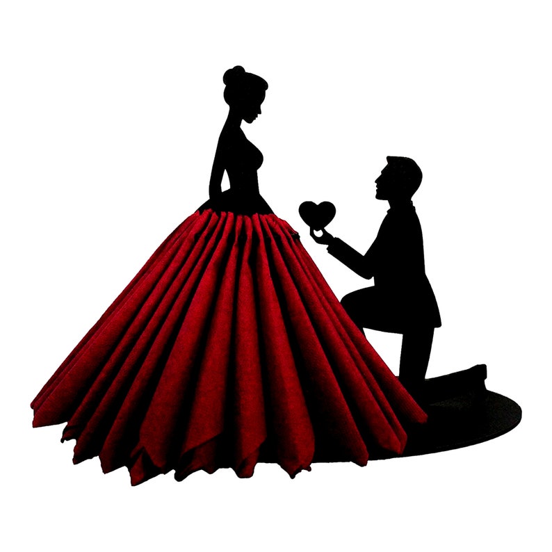 May include: Black silhouette of a couple, a woman in a red dress and a man kneeling, holding a heart. The couple is a napkin holder.