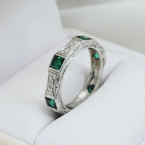 Art Deco Princess Cut Emerald Ring Band 14K White Gold,Proposal Gift Ring,Vintage Floral Engraved Stacking Band,Milgrain Full Eternity Band