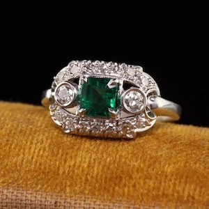 1890s Vintage Engagement Ring Silver,Princess Green Emerald  Retro Ring Art Deco Ring in 935 Silver Antique Jewelry, Personalised Gift