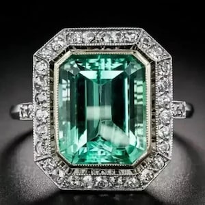 1890s Art Deco Emerald Engagement Ring Sterling Silver,Handmade Ring Gift for Partner,Large Emerald Ring,Edwardian Ring,Green Gemstone Ring