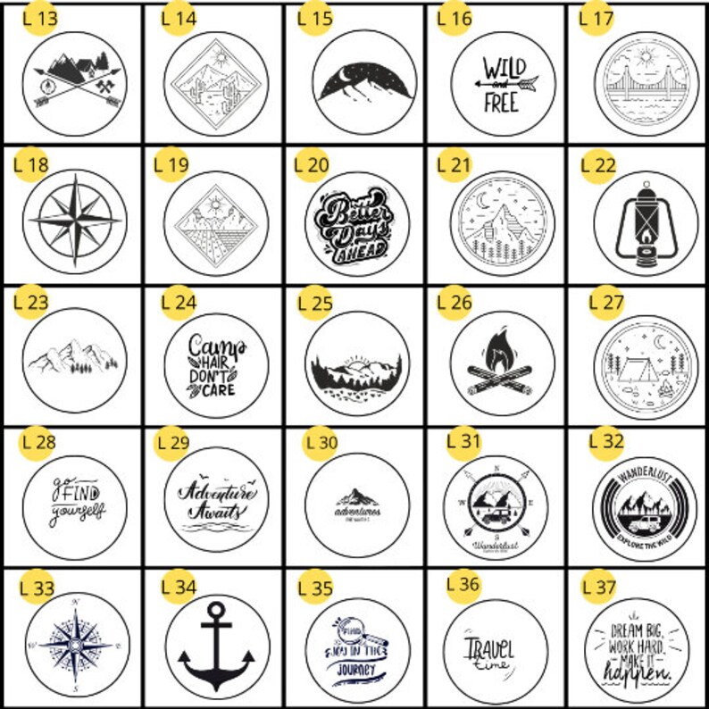 May include: A set of 37 black and white circular designs featuring various outdoor and travel themes. The designs include mountains, campfires, compasses, anchors, and text such as "Wild Free", "Adventure Awaits", and "Better Days Ahead".