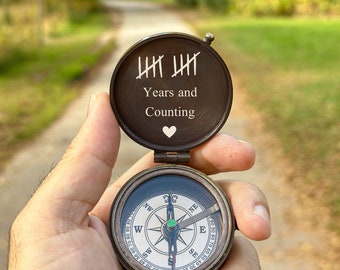 10 years Tally Mark, 10th Anniversary Gift, Traditional Gift, Wedding and Dating Anniversary, Personalized Compass, 10 year Anniversary