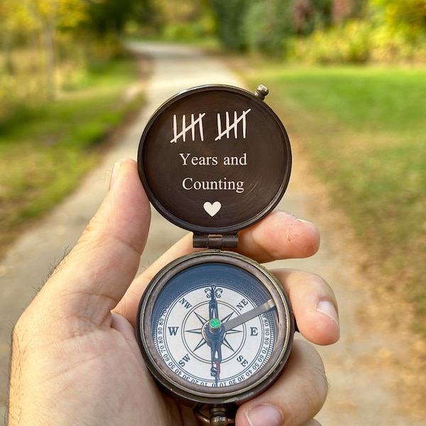 10 years Tally Mark, 10th Anniversary Gift, Traditional Gift, Wedding and Dating Anniversary, Personalized Compass, 10 year Anniversary