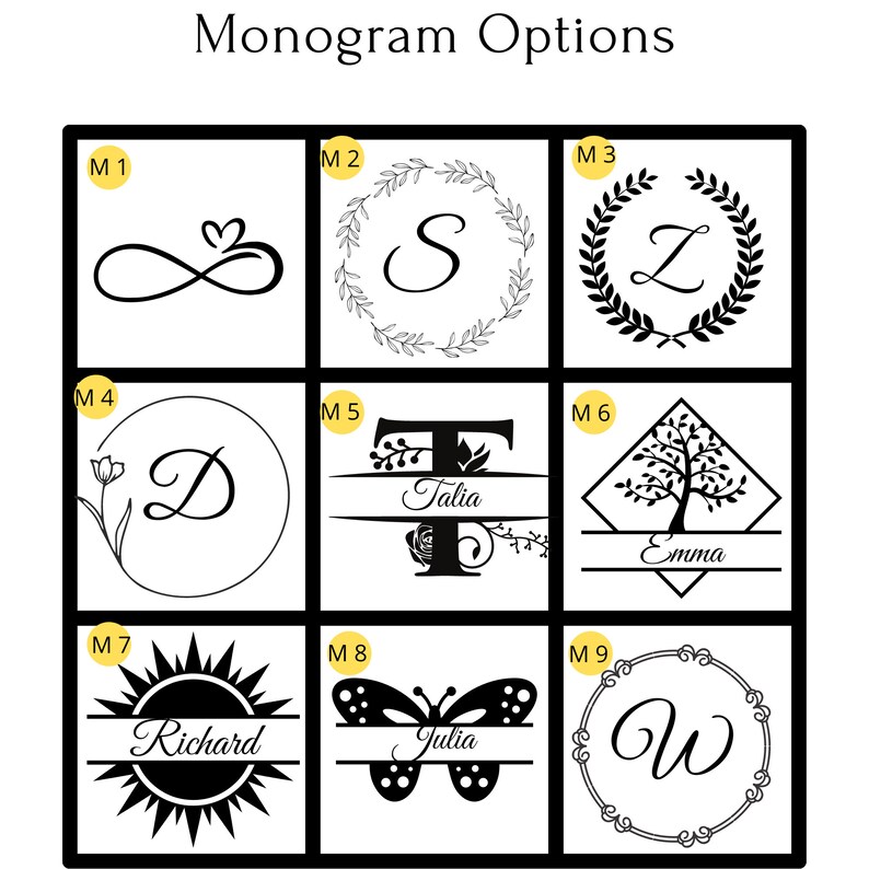 May include: Nine different monogram options are shown in black and white. The options include a heart and infinity symbol, a wreath with a letter S, a wreath with a letter Z, a flower and letter D, a letter T with the name Talia, a tree with the name Emma, a sun with the name Richard, a butterfly with the name Julia, and a wreath with a letter W.
