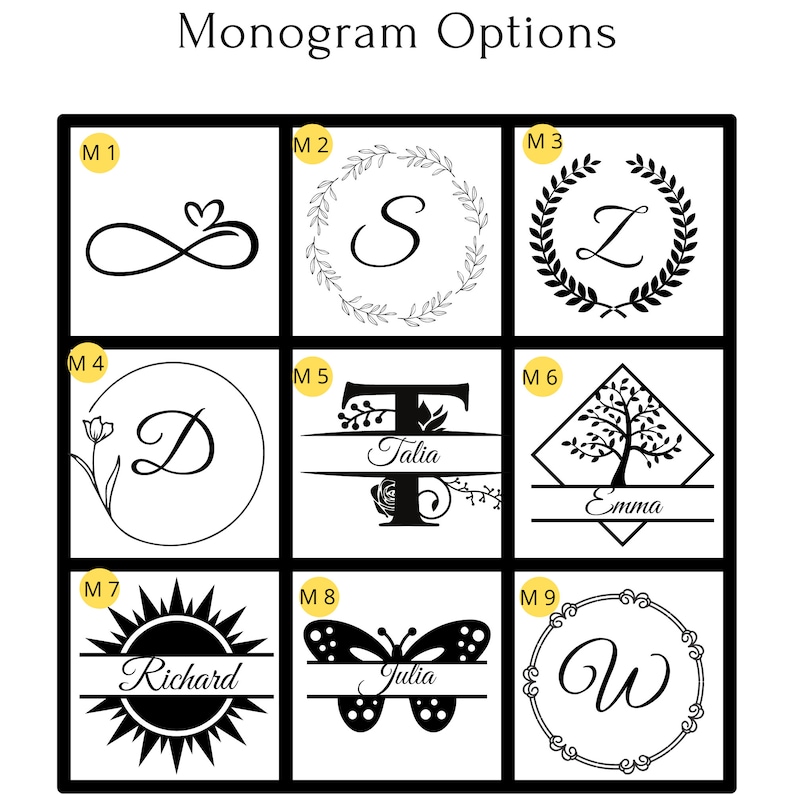 May include: Nine different monogram options are shown in black and white. The options include a heart and infinity symbol, a wreath with a letter S, a wreath with a letter Z, a flower and letter D, a letter T with the name Talia, a tree with the name Emma, a sun with the name Richard, a butterfly with the name Julia, and a wreath with a letter W.
