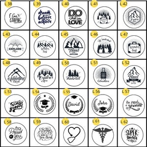 May include: A set of 24 black and white round stickers with various designs and text. The stickers feature phrases like "Go Camping", "Dream Believe Achieve", "Do What You Love", "Wanderlust", "Explore More", "Travel Explore", "Adventure Bay", "Wanderlust", "Old School Adventures", "Travel the World", "Stay Groovy", "David", "John", "Be Proud of Yourself", "Proud of You", "Stronger Than You Think", "I Love You", "Medical Symbol", "Super Doctor".