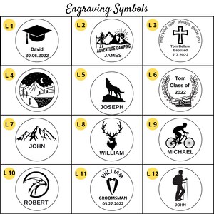 May include: Twelve black and white circle designs with text and symbols. The designs include a graduation cap, a mountain range, a wolf, a deer, a cross, a wreath, a bicycle, an eagle, a tuxedo, and a hiker. Each design has a letter and number label.