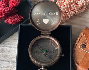 Anniversary Compass with Initials, Roman Numeral Compass, Wedding Date Engraved Compass, Valentines Day Gift, Anniversary Gift, Gift For Him