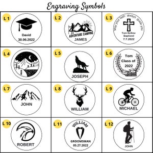 May include: Twelve black and white circle designs with text and symbols. The designs include a graduation cap, a mountain range, a wolf, a deer, a cross, a wreath, a bicycle, an eagle, a tuxedo, and a hiker. Each design has a letter and number label.