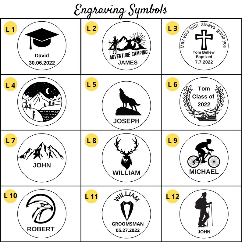 May include: Twelve black and white circle designs with text and symbols. The designs include a graduation cap, a mountain range, a wolf, a deer, a cross, a wreath, a bicycle, an eagle, a tuxedo, and a hiker. Each design has a letter and number label.