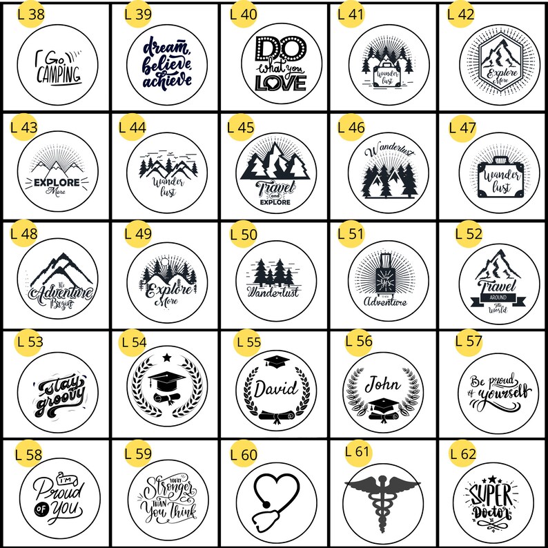 May include: A set of 24 black and white round stickers with various inspirational and travel-themed designs. The stickers feature text such as "Go Camping", "Dream Believe Achieve", "Do What You Love", "Wanderlust", "Explore More", "Travel and Explore", "Adventure Awaits", and "Super Doctor".