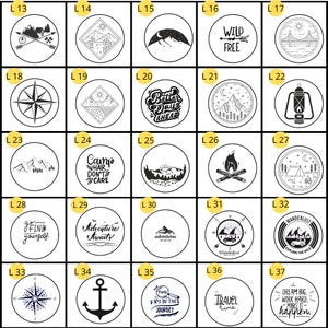 May include: A collection of circular black and white illustrations with various outdoor and travel-themed designs. The designs include mountains, compasses, and text such as "Wanderlust" and "Adventure Awaits".
