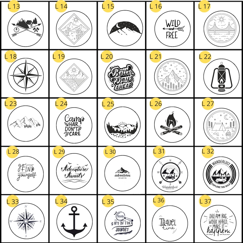 May include: A collection of circular black and white illustrations with various outdoor and travel-themed designs. The designs include mountains, compasses, and text such as "Wanderlust" and "Adventure Awaits".