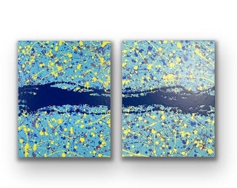 Contemporary, Acrylic Art, Unique Splatter painting, Abstract, Blue, Yellow, Original Fine Art