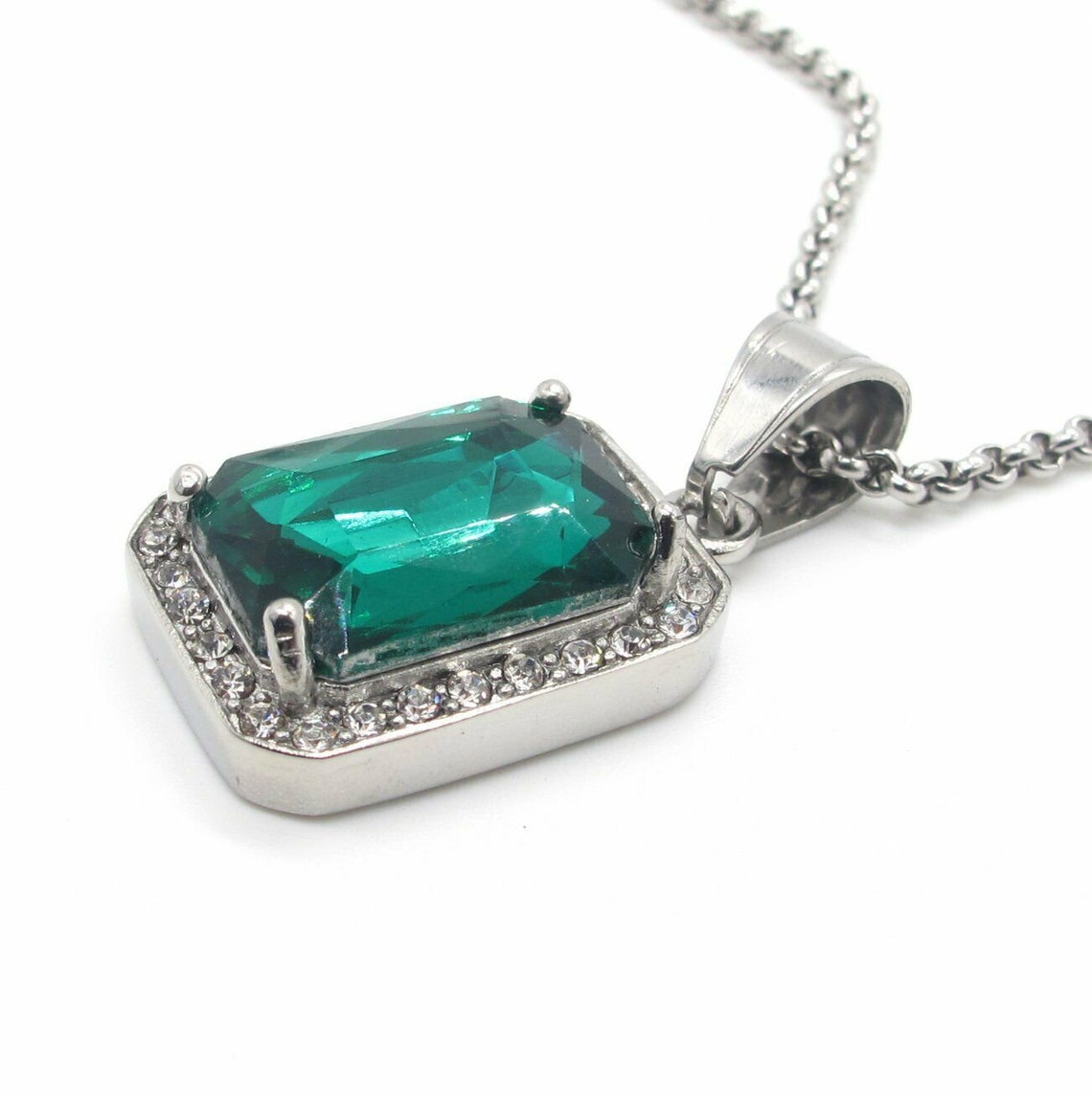 Emerald Rectangular Necklace Pendant Chain Stainless Steel for Etsy