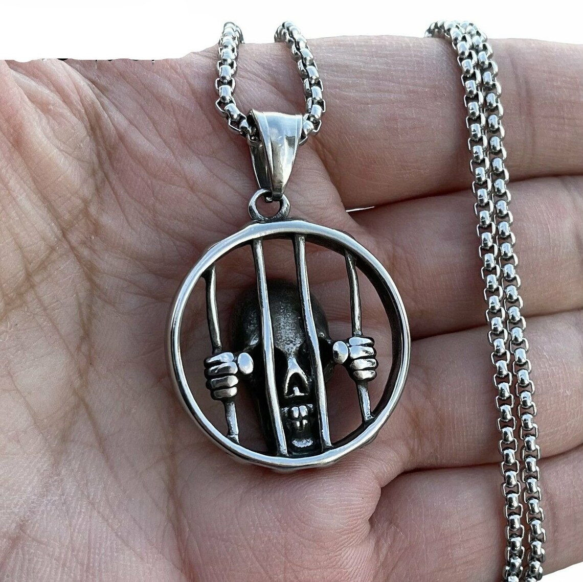 Gothic Biker Skull Jail Pendant Necklace Etsy