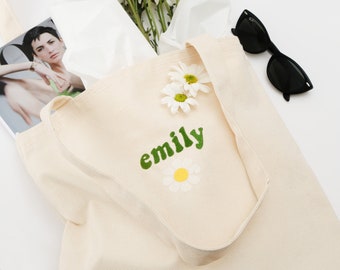 Custom Name Embroidered Tote Bag / Personalized Tote Bag With Daisy / Custom Bridesmaid Gift/ Personalized  Embroidery Gift/ Custom Colors