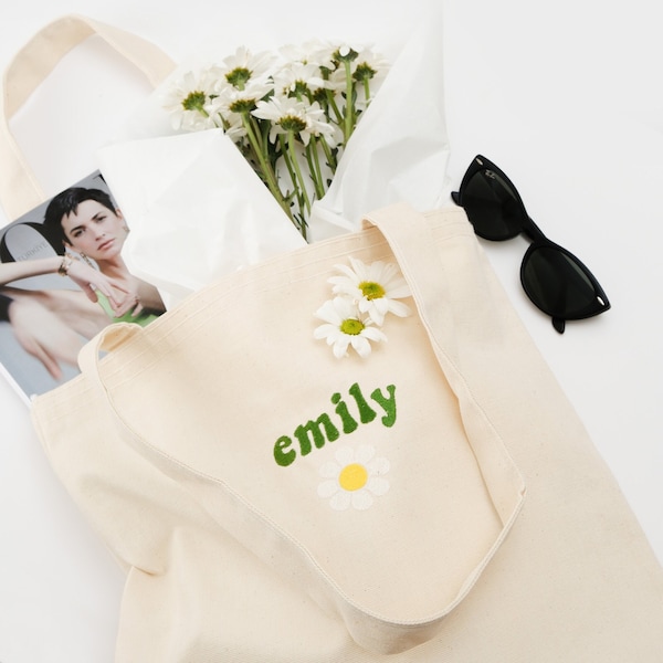 Custom Name Embroidered Canvas Tote Bag/ Customized Colors/ Personalized Name Tote Bag With Flower/ Custom Bridesmaid Gift/ Name Embroidery