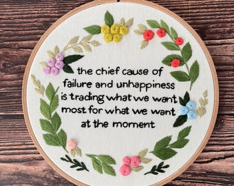 Custom Embroidery Hoop Art with Personalized Text - Hand Embroidered Floral Wreath