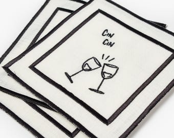 Embroidered Linen Cocktail Napkins - Cin Cin Design, Set of 4