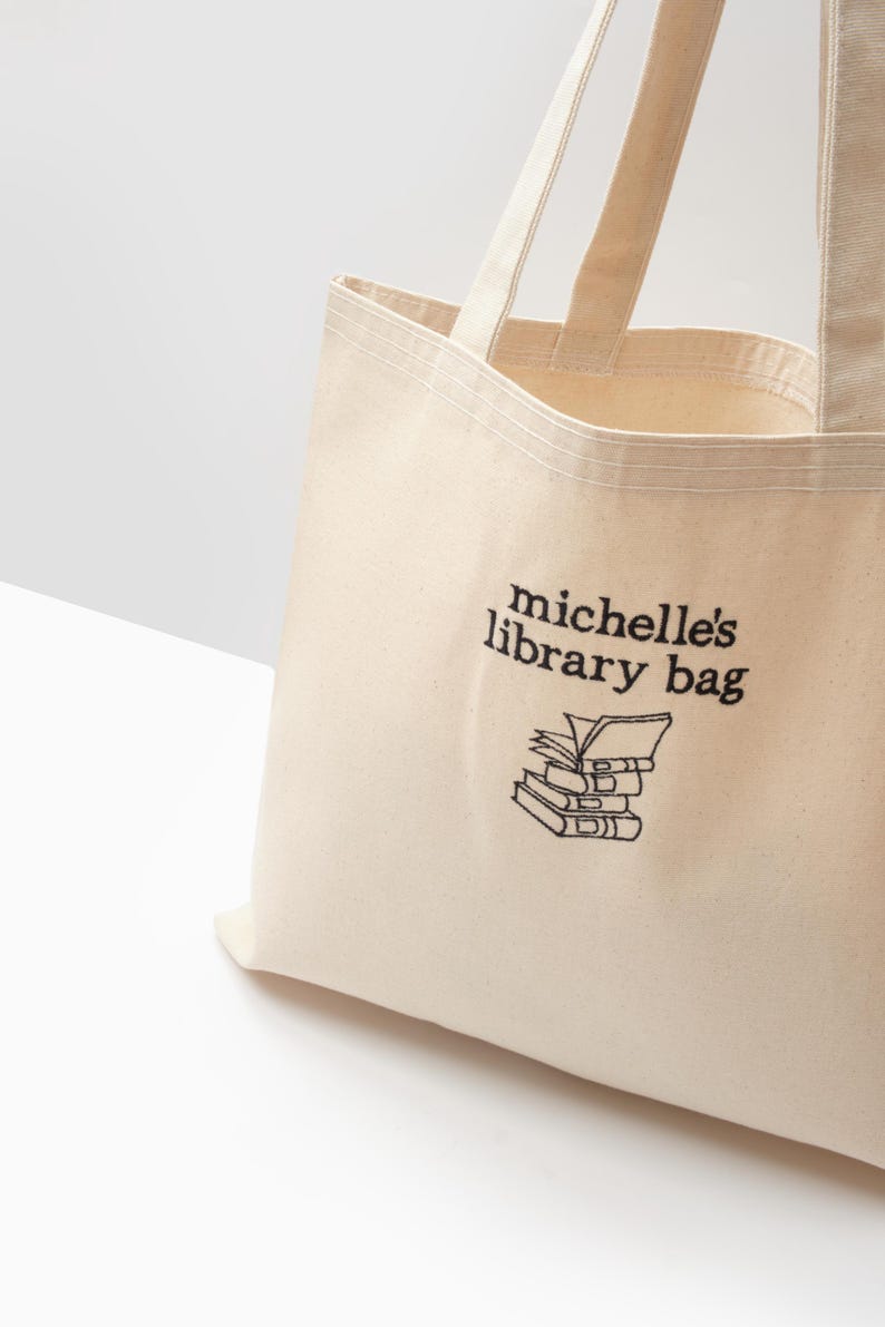 Custom Embroidered Library Tote Bag - Personalized Book Lover Gift- Name Embroidered Tote Bag image 2