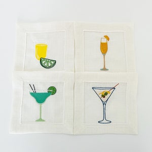 Embroidered Linen Cocktail Napkins Set of 4 /Margarita, Mimosa, Tequila, Martini / Bridal Shower Gift / Hostess Gift/  Housewarming Gift